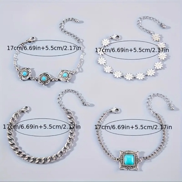 Vintage Boho 4-Piece Bracelet Set, Turquoise Inlay, Cuban Chain - Picture 5 of 5
